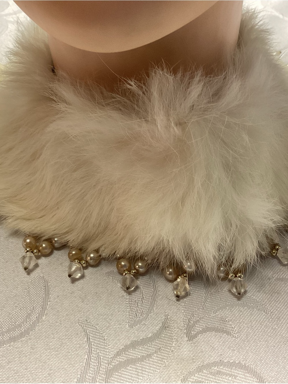Ivory Fur Collar Necklace with Pearl & Crystal Drops
